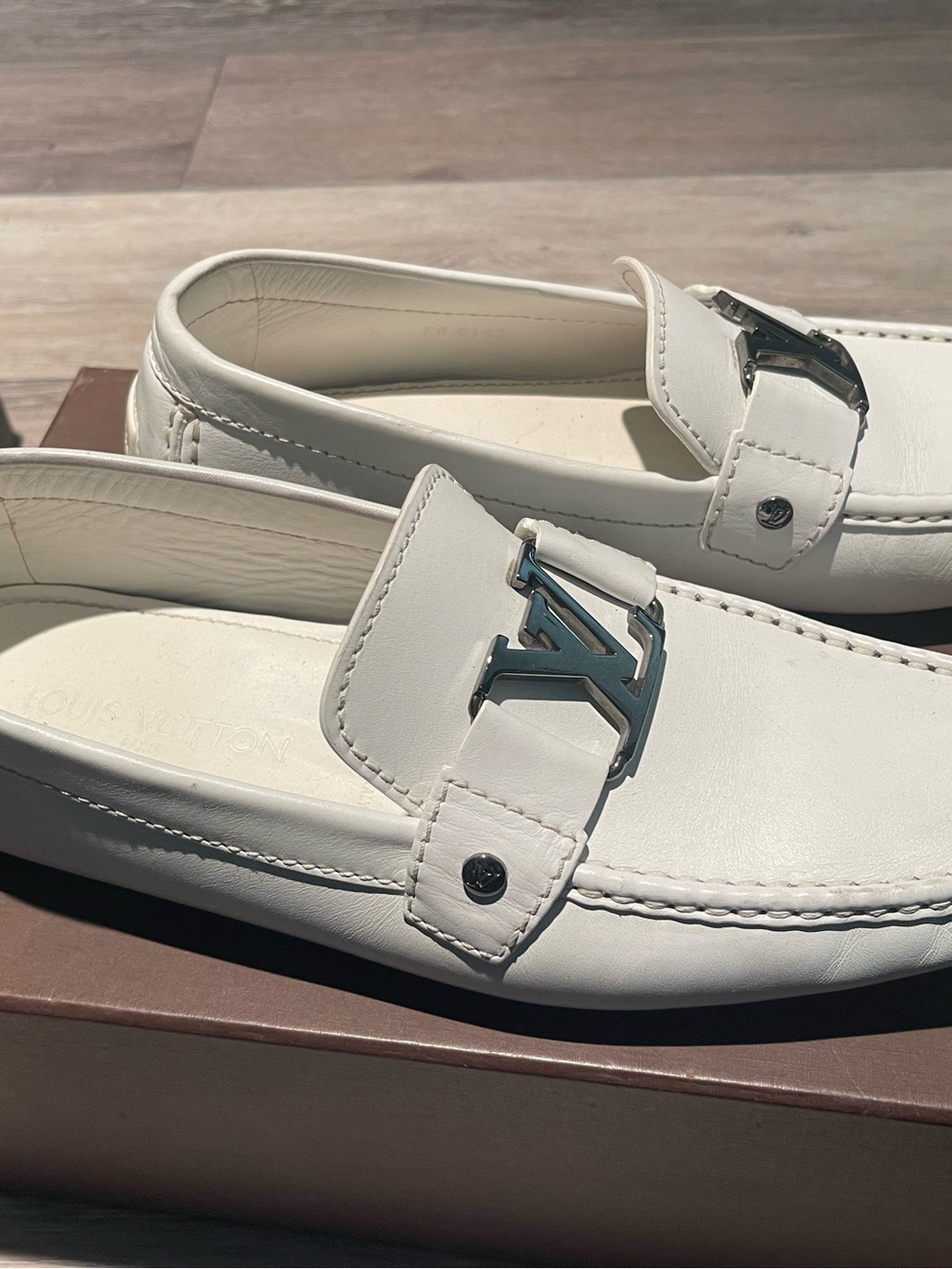 Louis Vuitton White Leather Men's Loafers with Silver LV Buckle